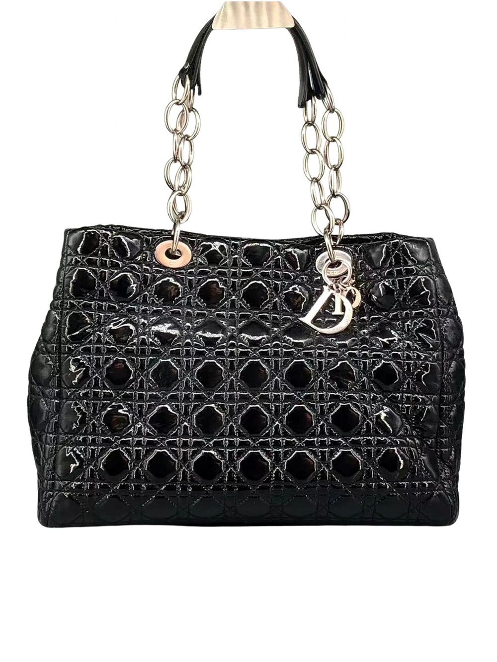 Dior 2012 Black Cannage Quilted Patent Leather Soft Medium Shopping Tote Bag